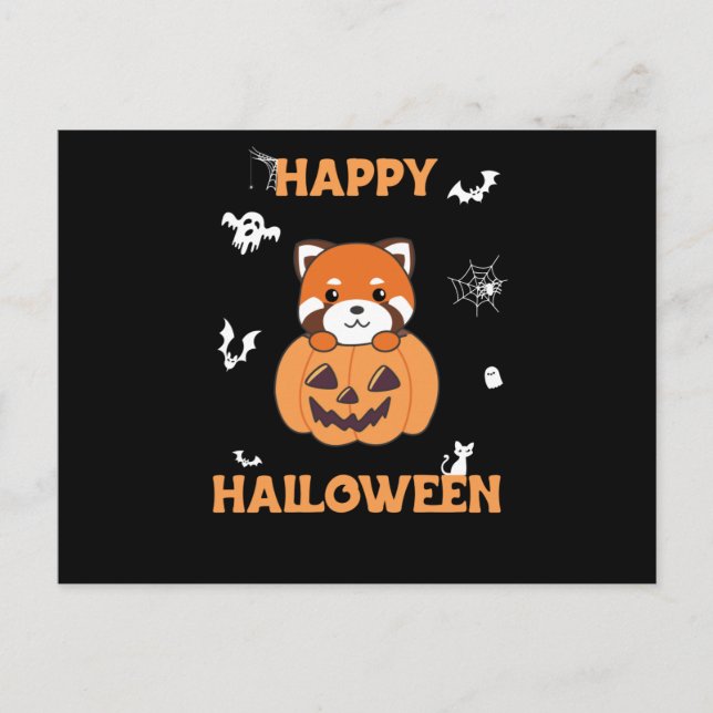 Postal Panda Rojo En Calabaza Cute Pandas Feliz Halloween (Anverso)
