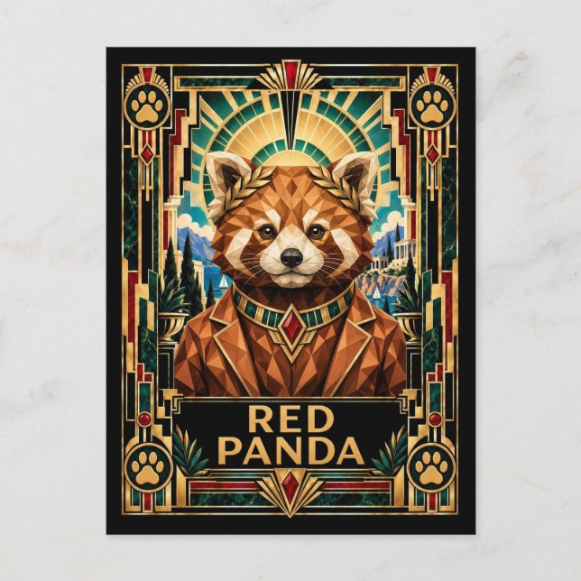 Postal Panda Rojo, Fauna Art Déco (Anverso)