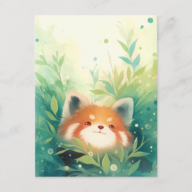 Postal Panda Rojo Feliz en Jardín Verde (Anverso)