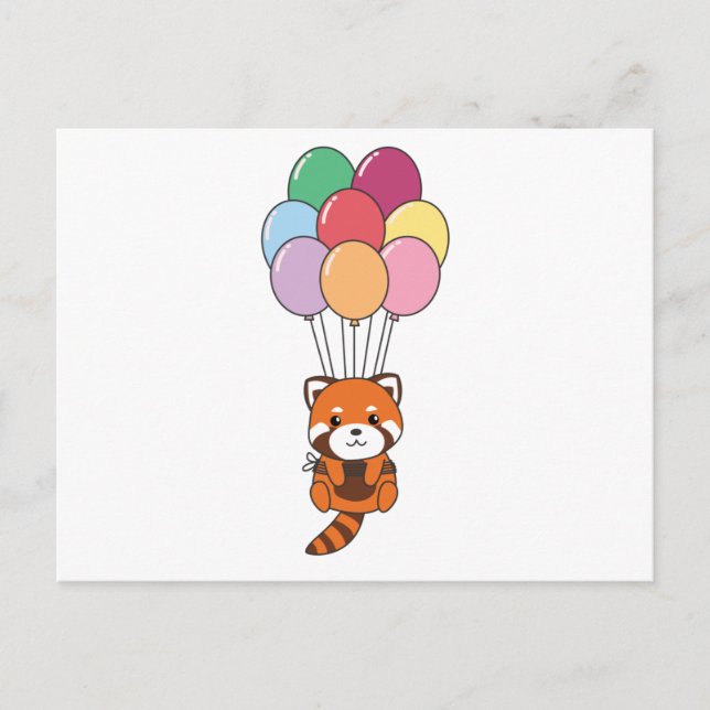 Postal Panda Rojo vuela Con Globos Coloridos (Anverso)