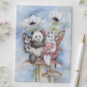 Postal Panda y amigos hadas de gato con flores de anémona
