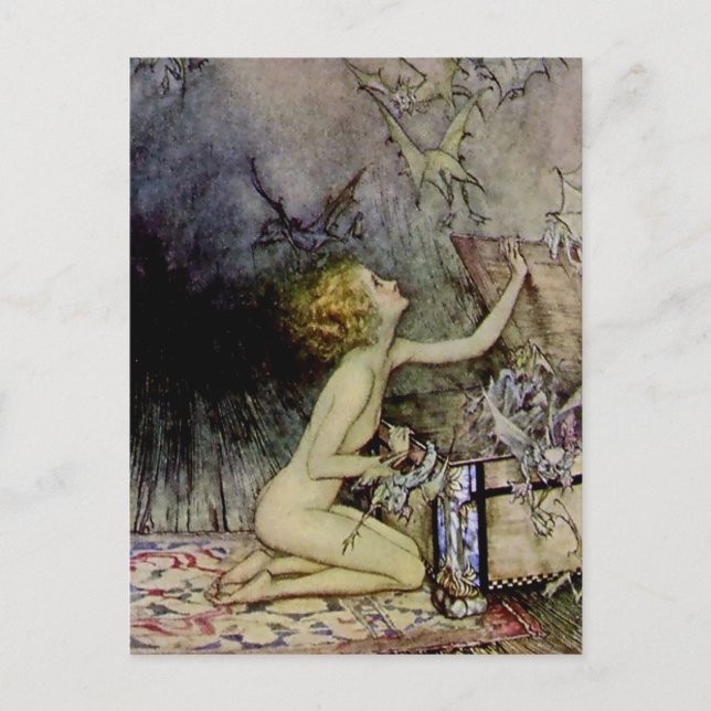 Postal "Pandora abre la caja" por Arthur Rackham (Anverso)
