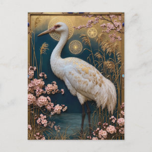 Postal Panel de grulla blanca Art Nouveau con flores de c