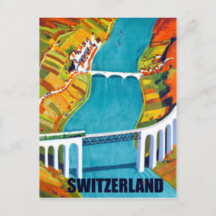 Postal Panorama de Suiza, puentes sobre el lago, vintage
