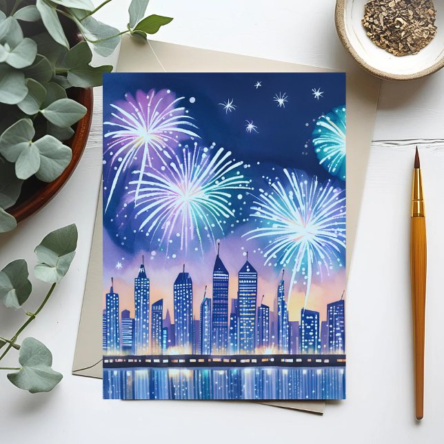 Postal Panorama Urbano de Fuegos Artificiales | Acuarela  (Subido por el creador)