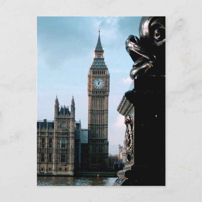 Postal Panorámica Londres Nublado Big Ben y Río Támesis (Anverso)