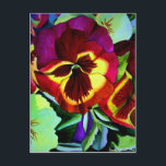 Postal Pansias rojas acuarela flor arte original<br><div class="desc">con obras de arte originales de la pintura acuarela de Sacha Grossel de flores moradas, índigo, rojas y amarillas contra el follaje verde. Este diseño de inspiración botánica floral, colorido y luminoso, está muy enfocado y presenta colores diferentes que le dan un ambiente vibrante a esta flor que se encuentra...</div>