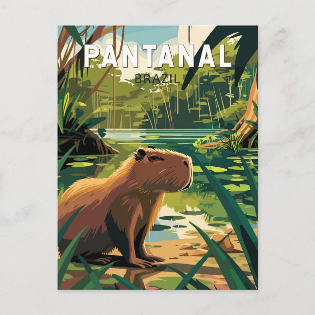 Postal Pantanal Brasil Arte de viaje de capybara vintage (Anverso)
