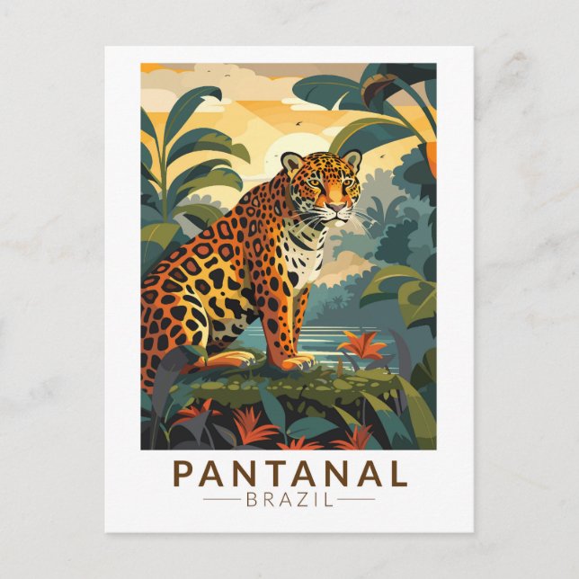 Postal Pantanal Brasil Arte de Viaje Vintage Jaguar (Anverso)