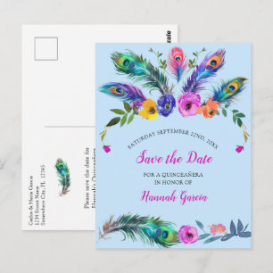 Postal Pañuelas de pavo real y flores azul de quinceañera
