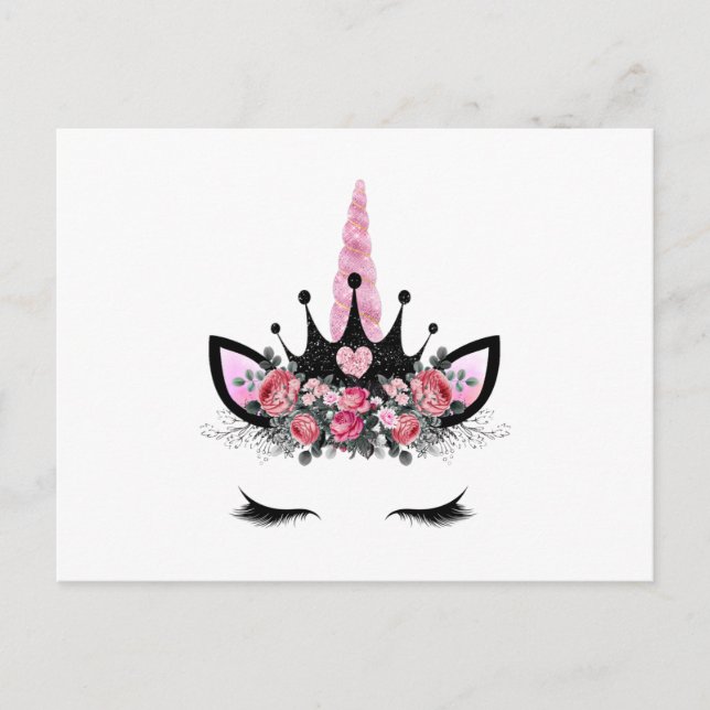 Postal Pañuelas unicornio, Flor acuarela, cuerno Purpurin (Anverso)