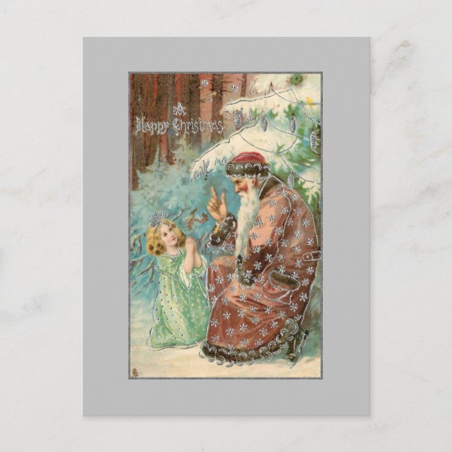 Postal Papá Navidad en el bosque de invierno con Ángel (Anverso)