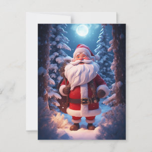 Postal Papá Noel Alegre En Bosque Nevado
