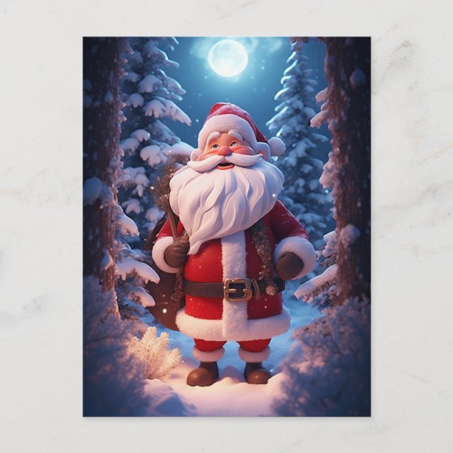 Postal Papá Noel Alegre En Bosque Nevado (Anverso)