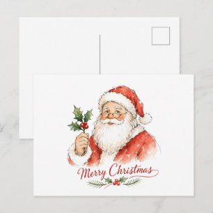 Postal Papá Noel con acebo en acuarela