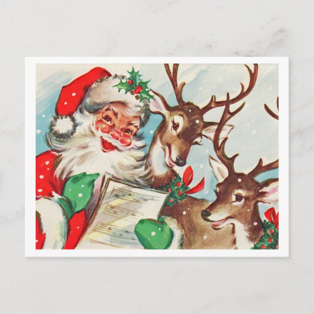 Postal Papá Noel con dos ciervos cantando canciones de Na (Anverso)
