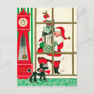 Postal Papá Noel con regalos está mirando por la ventana