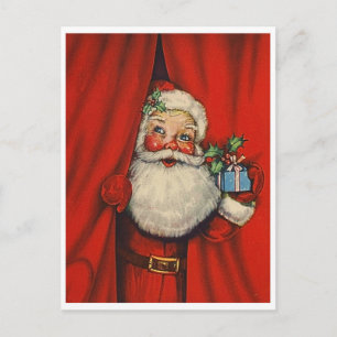 Postal Papá Noel con un regalo detrás de la cortina, vint