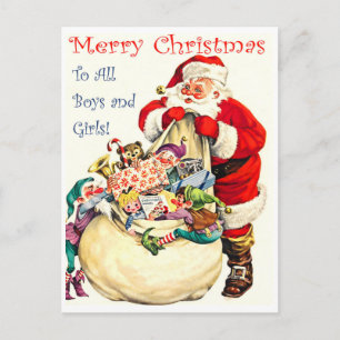 Postal Papá Noel con una bolsa llena de juguetes, vintage