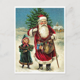 Postal Papá Noel con una niña, Feliz Navidad