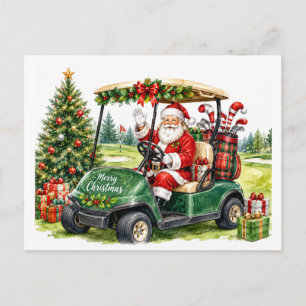 Postal Papá Noel conduciendo carrito de golf Navidad Golf