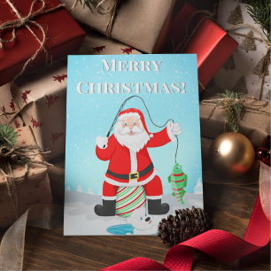 Postal Papá Noel Divertido Pescando en el Hielo con Oso P