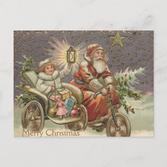 Postal Papá Noel en la motocicleta vintage Feliz Navidad (Anverso)