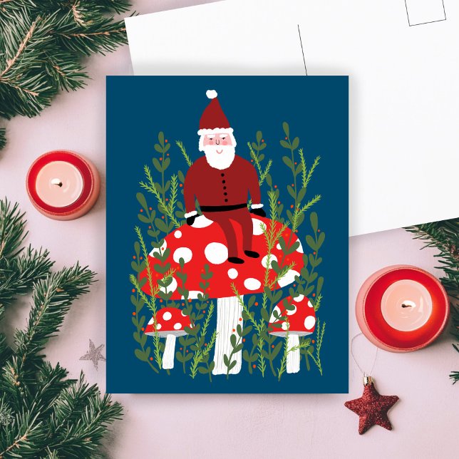 Postal Papá Noel en las mágicas navidades de hongos (Santa Claus on Magical Mushroom Amanita Christmas Cute Xmas Postcard
)