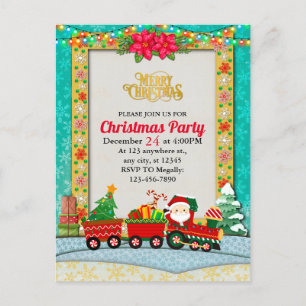Postal Papá Noel en tren con regalos y árbol de Navidad