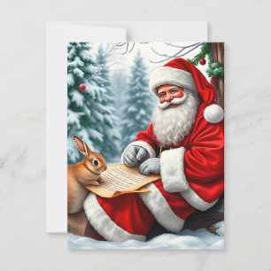 Postal Papá Noel escribiendo una carta en un bosque nevad