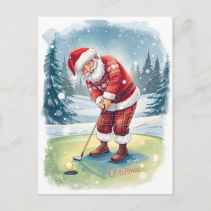 Postal Papá Noel golfista jugando golf en el green en Nav