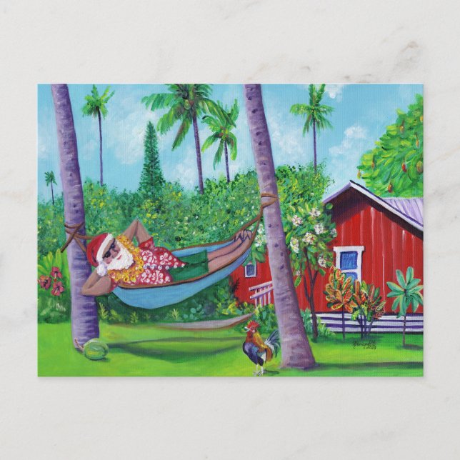 Postal Papá Noel hawaiano de vacaciones en Hawái (Anverso)