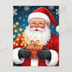 Postal Papá Noel junto al árbol de Navidad y regalos