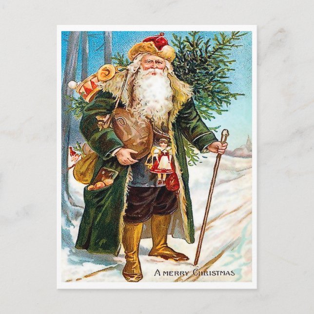 Postal Papá Noel llegando con juguetes y árbol de Navidad (Anverso)