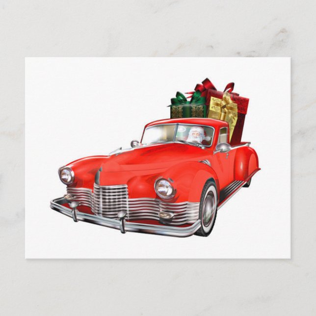 Postal Papá Noel manejando un auto retro con giftsb (Anverso)