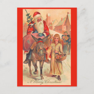 Postal Papá Noel montando un burro Feliz Navidad