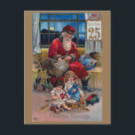 Postal Papá Noel, niños y regalos<br><div class="desc">Nostálgico y pintoresco ilustracion de Navidades de la era victoriana,  con el púlpido rojo Padre Navidad con dos hijos y regalos con pergamino del 25 de diciembre. La parte posterior presenta un borde floral complementario,  campos de texto recomendados y editables.</div>