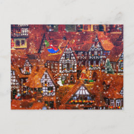 Postal Papá Noel sobrevolando una aldea de pan de jengibr