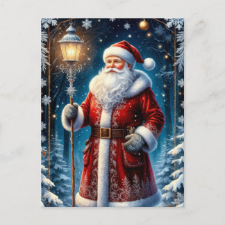 Postal Papá Noel sosteniendo una linterna brillante de Na
