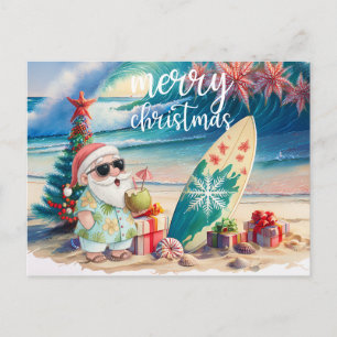 Postal Papá Noel surfista hawaiano con tema de Navidad