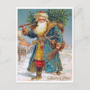 Postal Papá Noel trayendo árbol de Navidad, vintage
