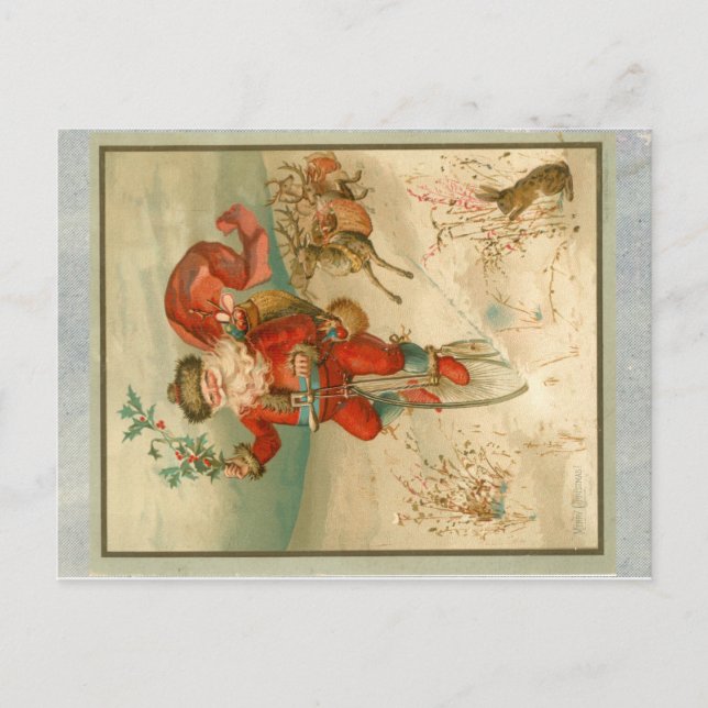 Postal Papá Noel victoriano en bicicleta de ruedas (Anverso)