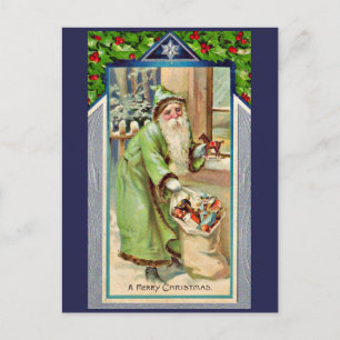 Postal Papá Noel victoriano en verde Feliz Navidad