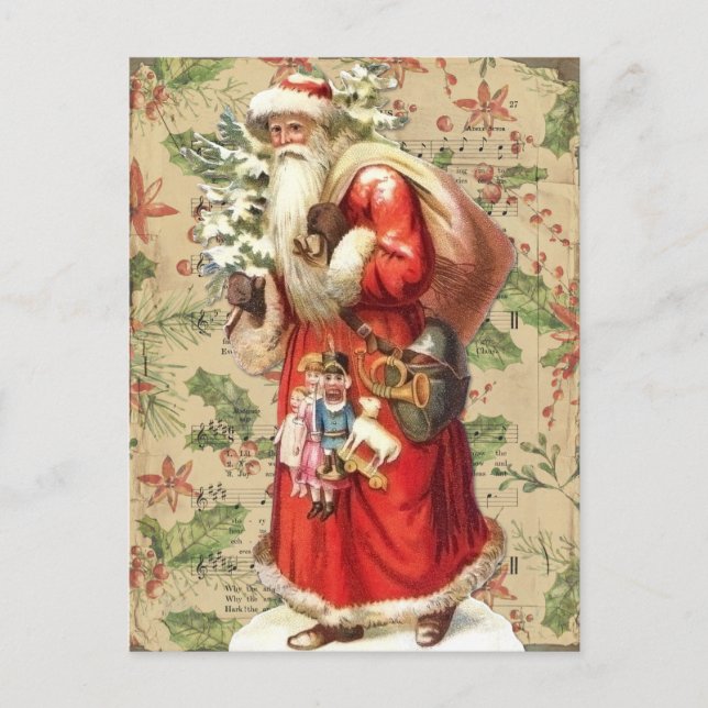 Postal Papá Noel vintage con juguetes y árbol de Navidad (Anverso)