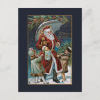 Papá Noel vintage en la nieve con niños y paraguas