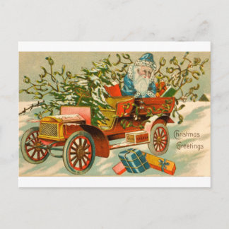 Postal Papá Noel vintage en un auto con regalos