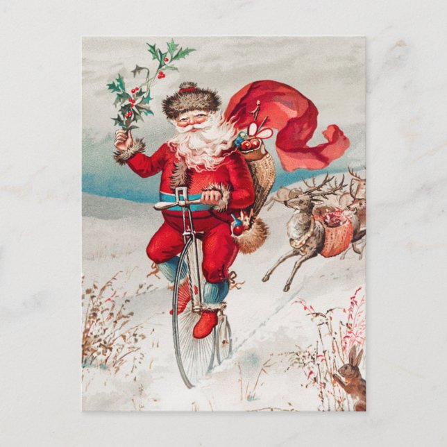 Postal Papá Noel Vintage Navidad Bicicleta Reno (Anverso)