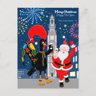 Postal Papá Noel y Gallo brindan por el Año Nuevo
