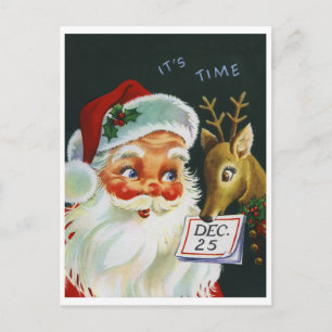 Postal Papá Noel y un reno con calendario, vintage