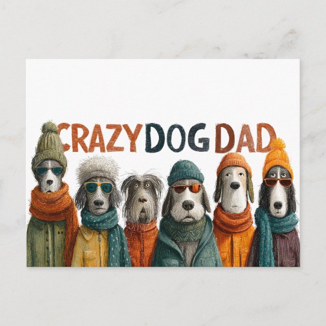 Postal "Papá perro loco" con perros con ropa de invierno (Anverso)
